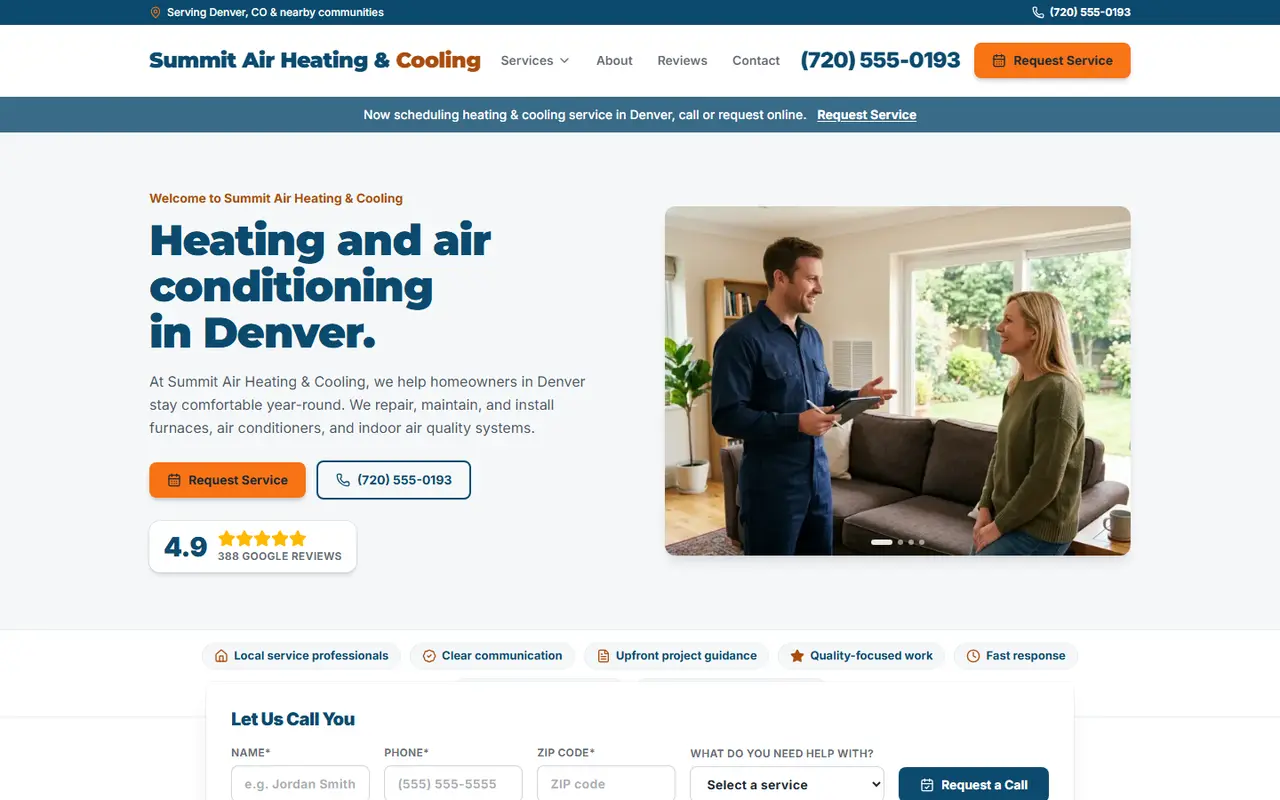 Heating & Air demo website, design A