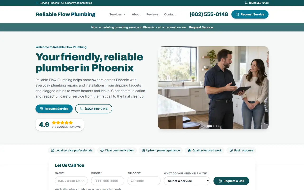 Plumbing demo website homepage, design B